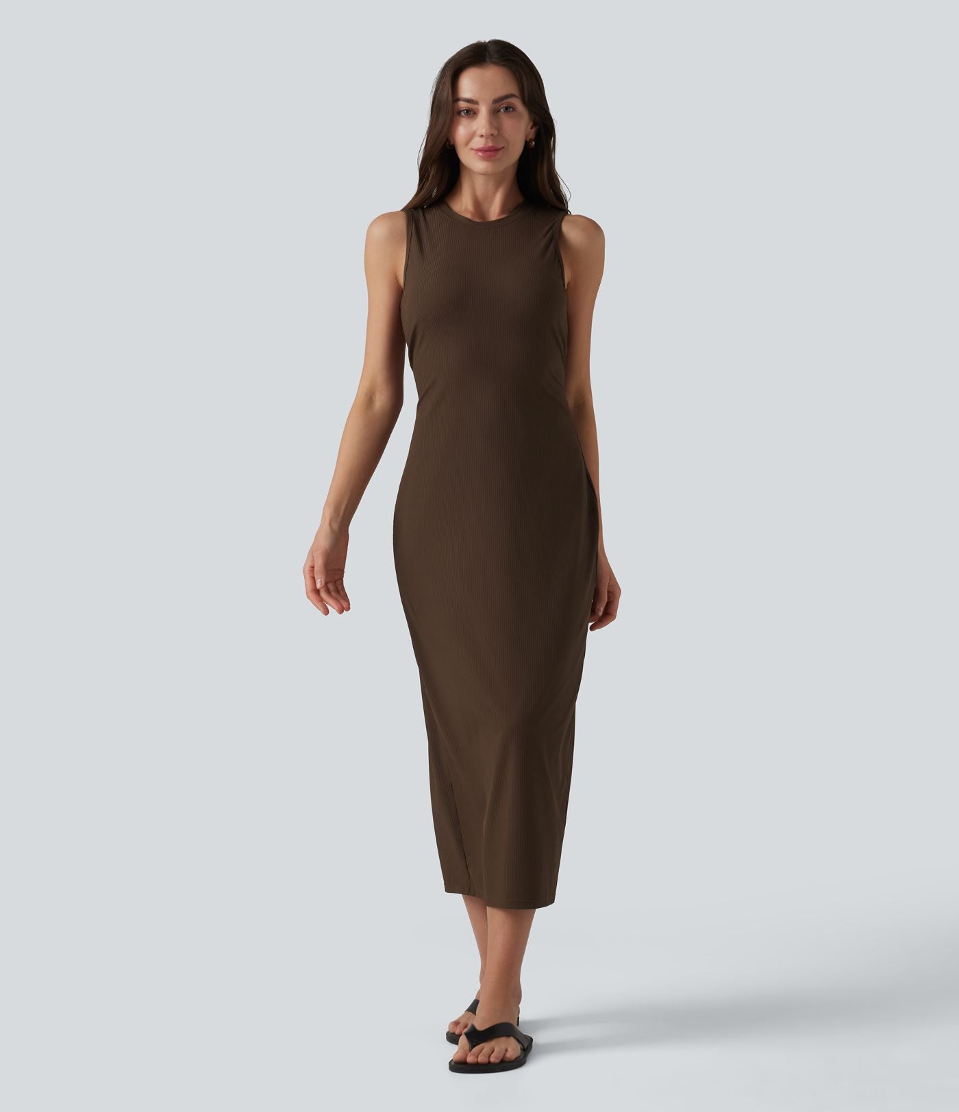 Robe midi moulante décontractée côtelée à col rond sans manches avec soutien-gorge intégré