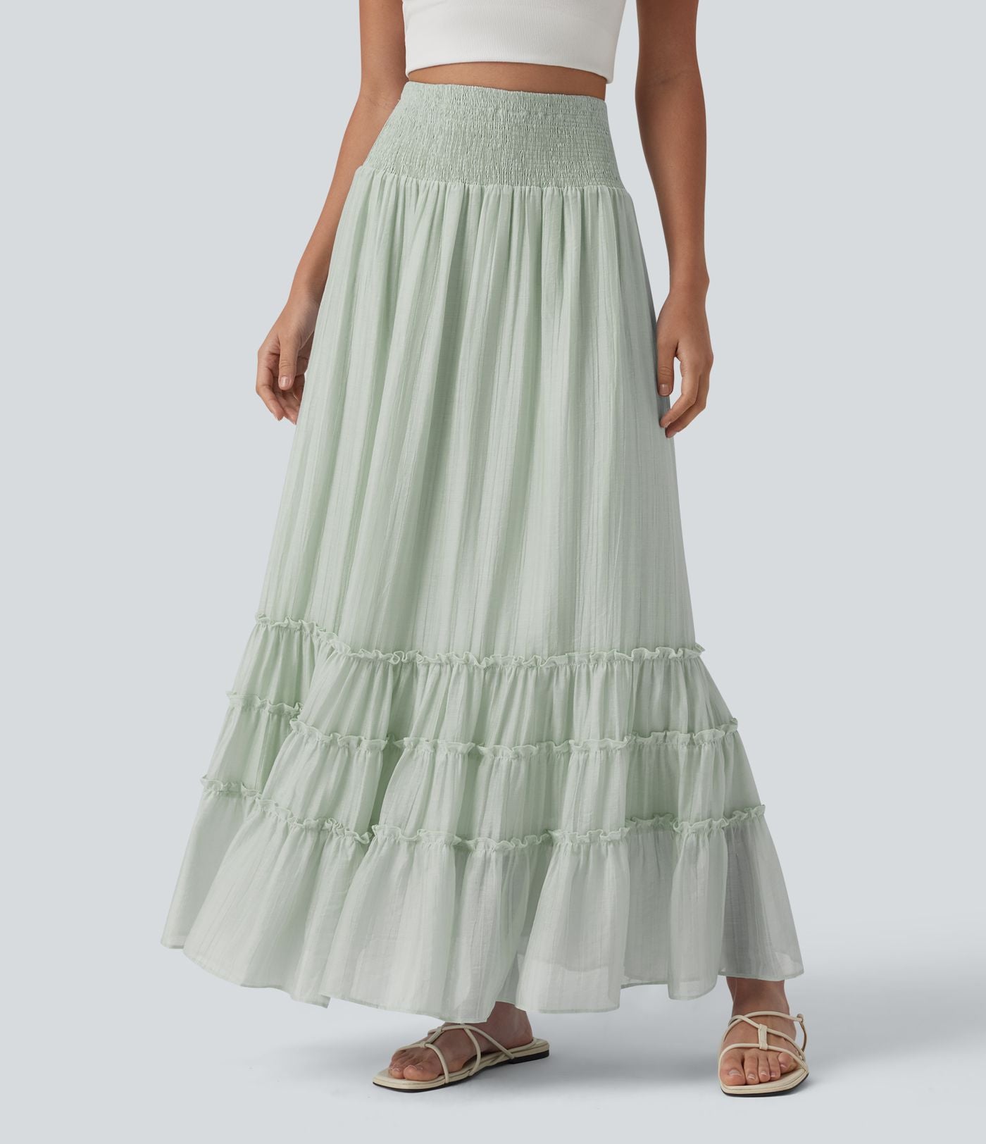 Jupe longue fluide à volants taille haute – Style resort