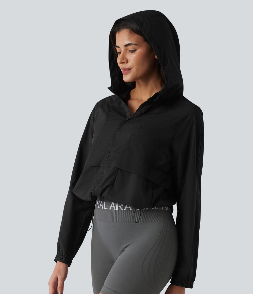 Veste de course à capuche à manches longues avec empiècements en mesh contrasté et poches – Protection UPF 50+