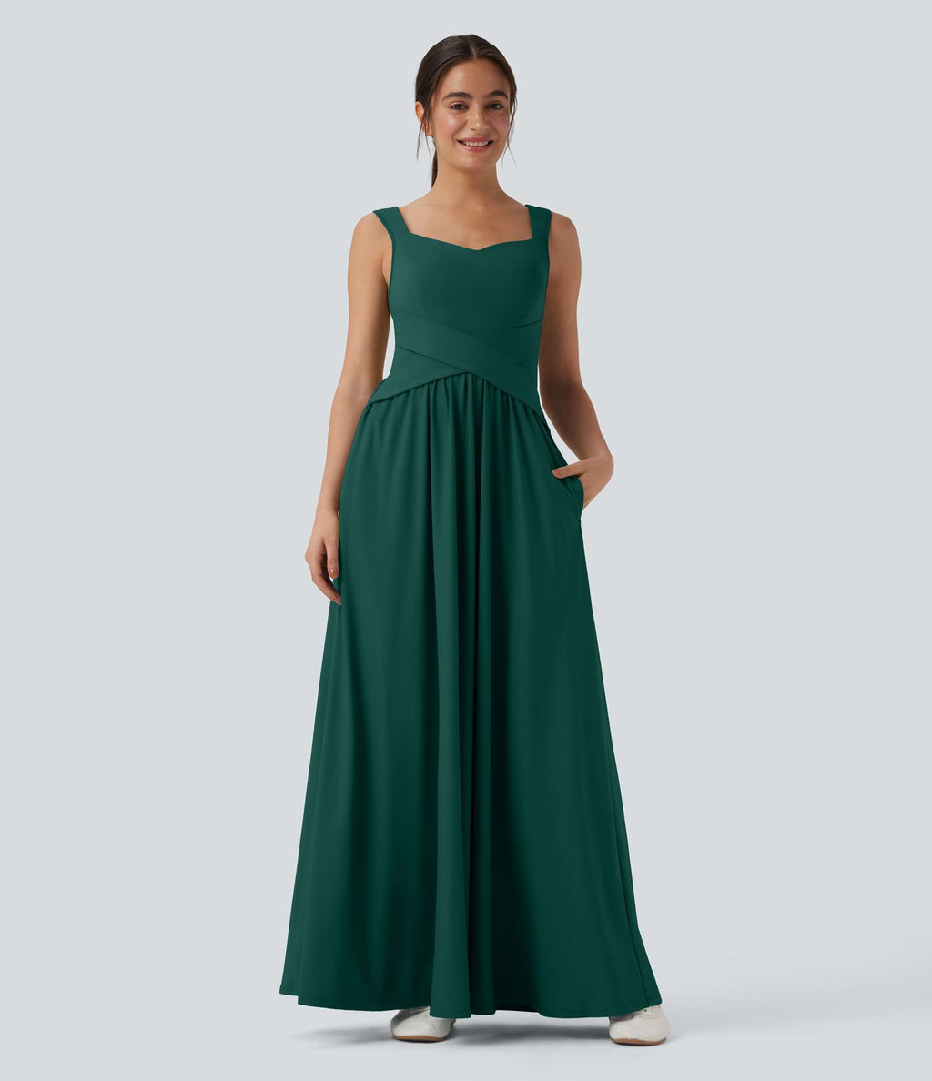 Robe maxi fluide dos nu, avec brassière intégrée et poches