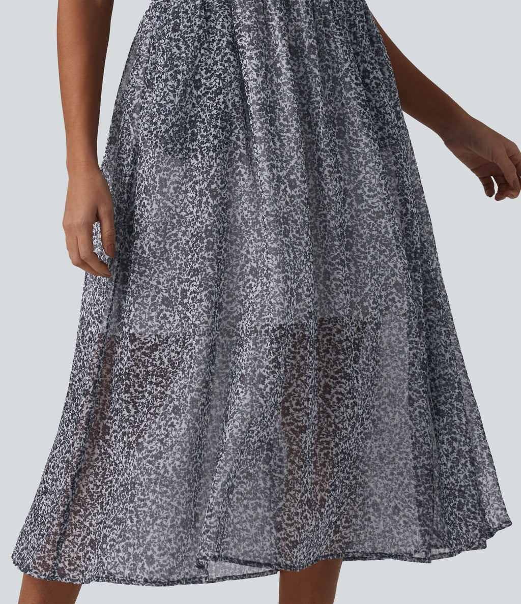 Robe nuisette midi casual fluide en mousseline à imprimé floral, fronces et bretelles réglables avec poches