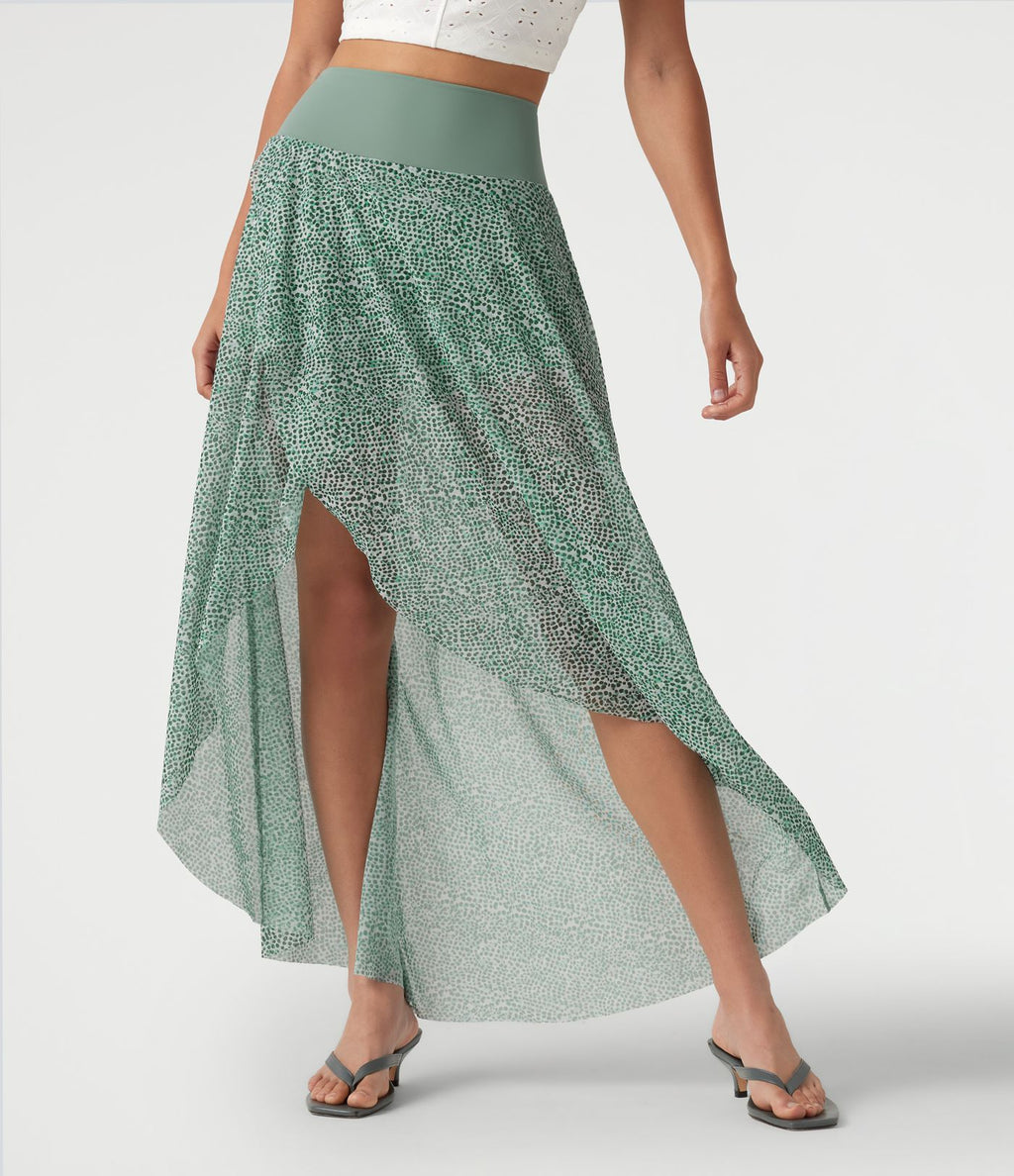 Jupe longue en mesh imprimé léopard taille haute asymétrique à volants 2 en 1