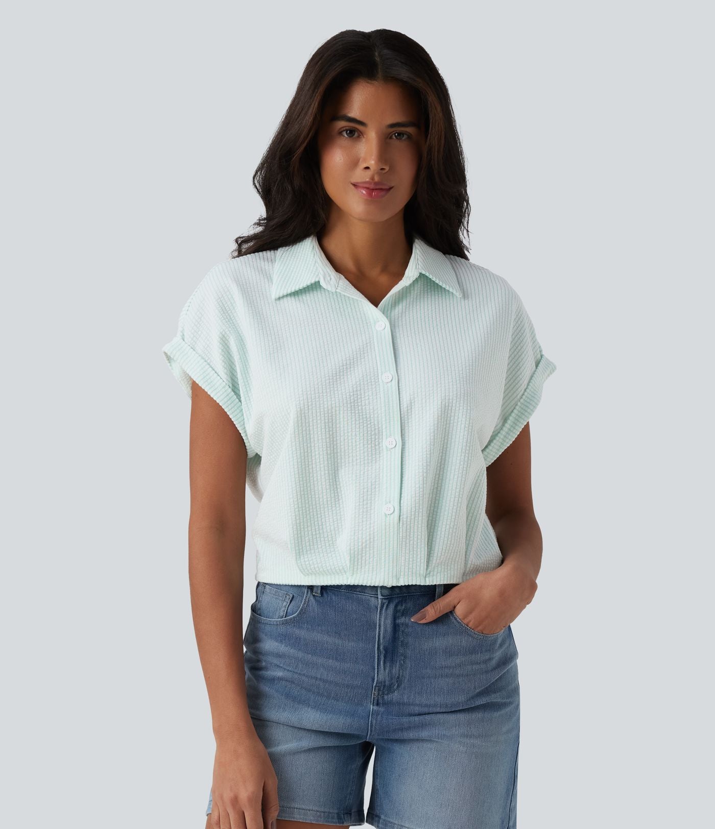 Chemise casual coton froissé à rayures col et manches chauve-souris