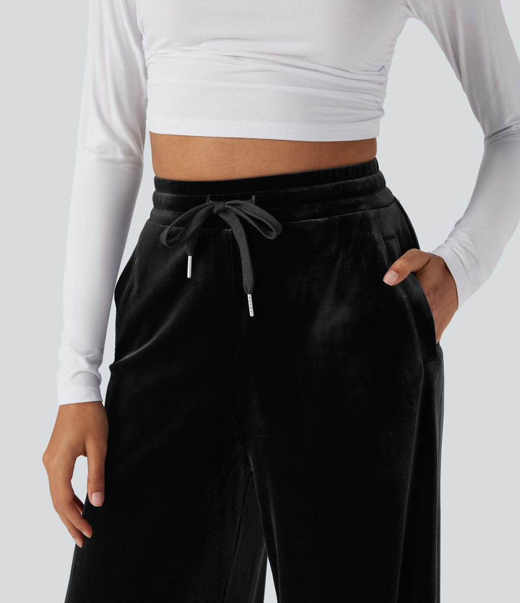 Pantalon décontracté large en velours, taille haute, avec cordon et poches