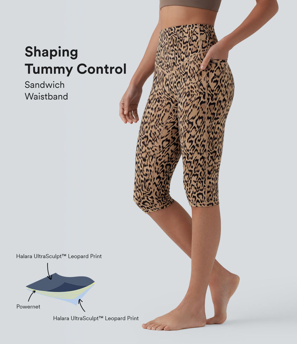 Legging 3/4 de yoga taille haute gainant imprimé léopard Halara UltraSculpt™ avec poches