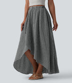 Jupe mi-longue décontractée fluide asymétrique taille haute à carreaux aspect lin avec poches