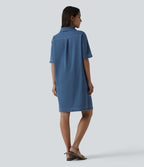 Halara Flex™ Robe courte en denim col classique manches courtes avec poches