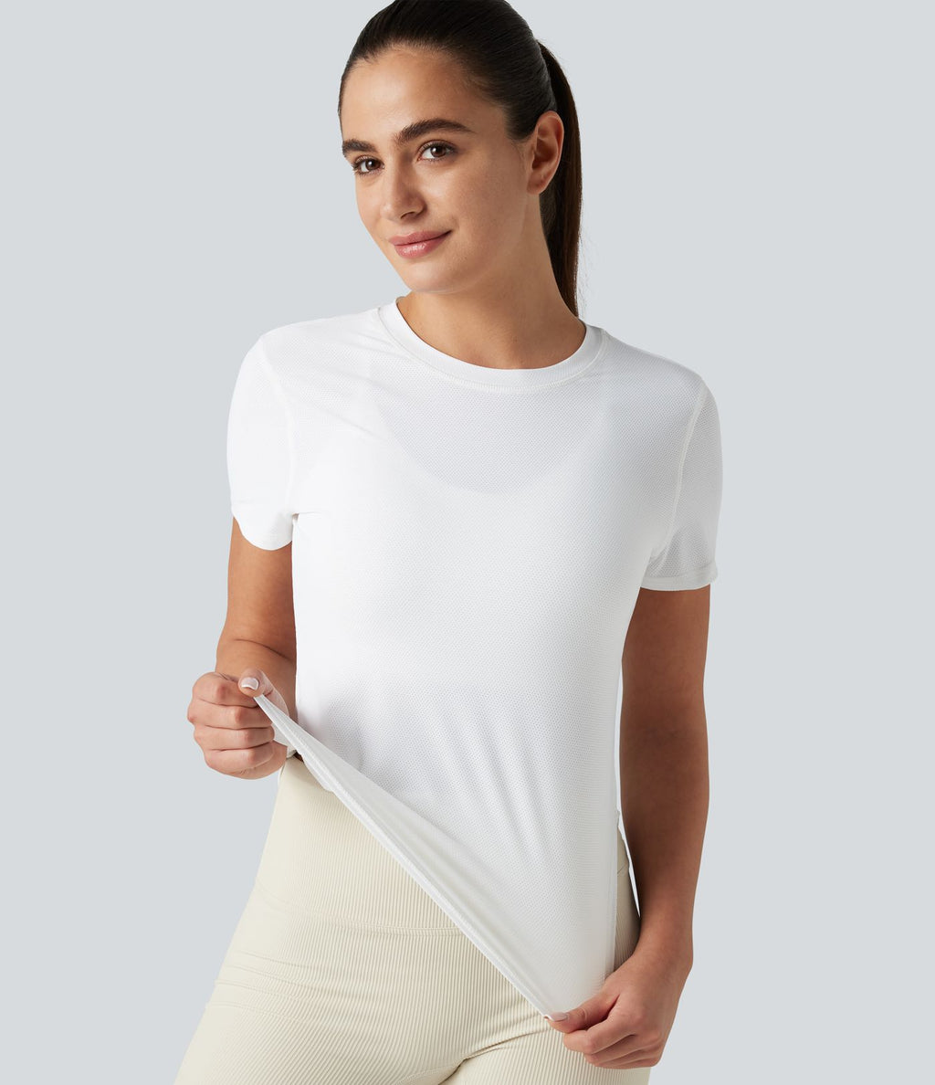 Haut de sport yoga col rond manches courtes ourlet arrondi en mesh respirant