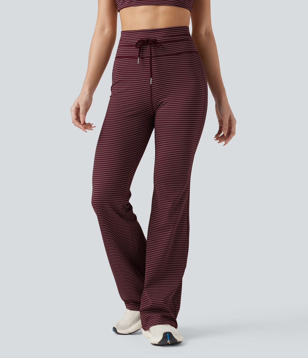 Pantalon de yoga évasé à rayures, taille haute, cordon et poches