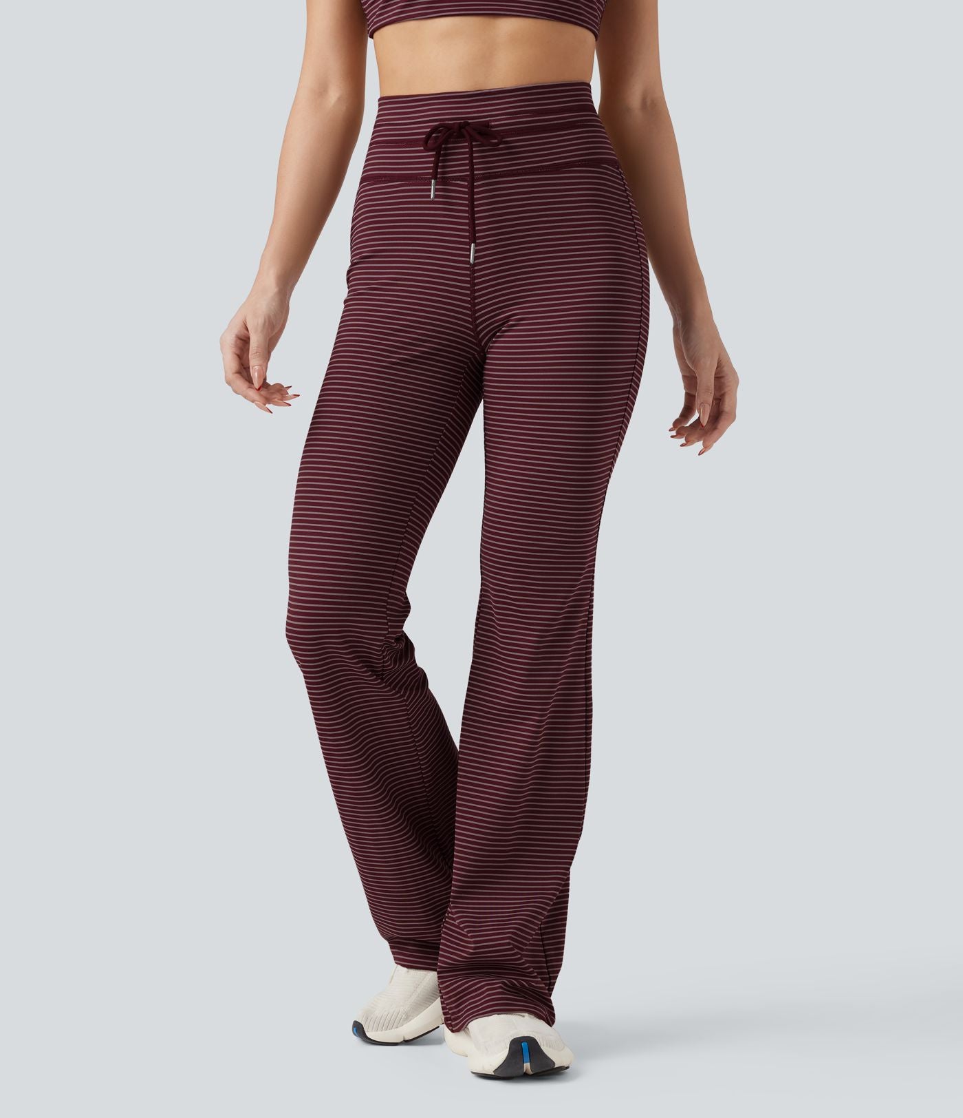 Pantalon de yoga évasé à rayures, taille haute, cordon et poches