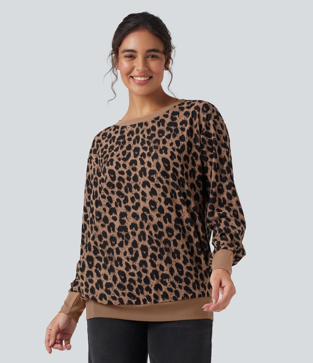 Sweat décontracté oversized col rond manches longues maille gaufrée léopard avec poches