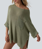 Pull décontracté oversize asymétrique demi-manches ourlet fendu avec poche