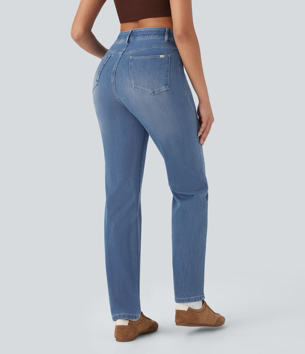 Halara Flex™ Jean casual délavé jambe droite taille haute gainant avec poches