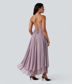 Robe longue à bretelles en résille superposée avec laçage et soutien-gorge intégré