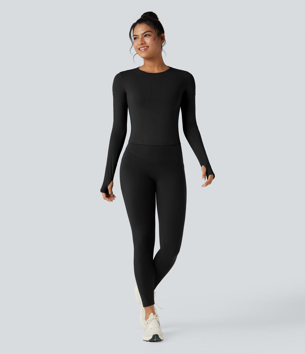 Top de sport yoga col rond manches longues avec trous pouces