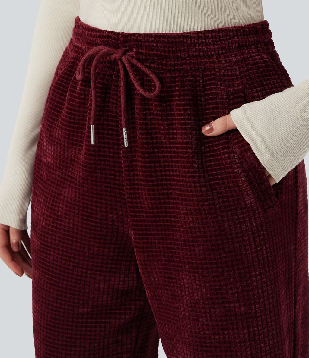 Pantalon décontracté chenille gaufré taille haute avec cordon de serrage et poches