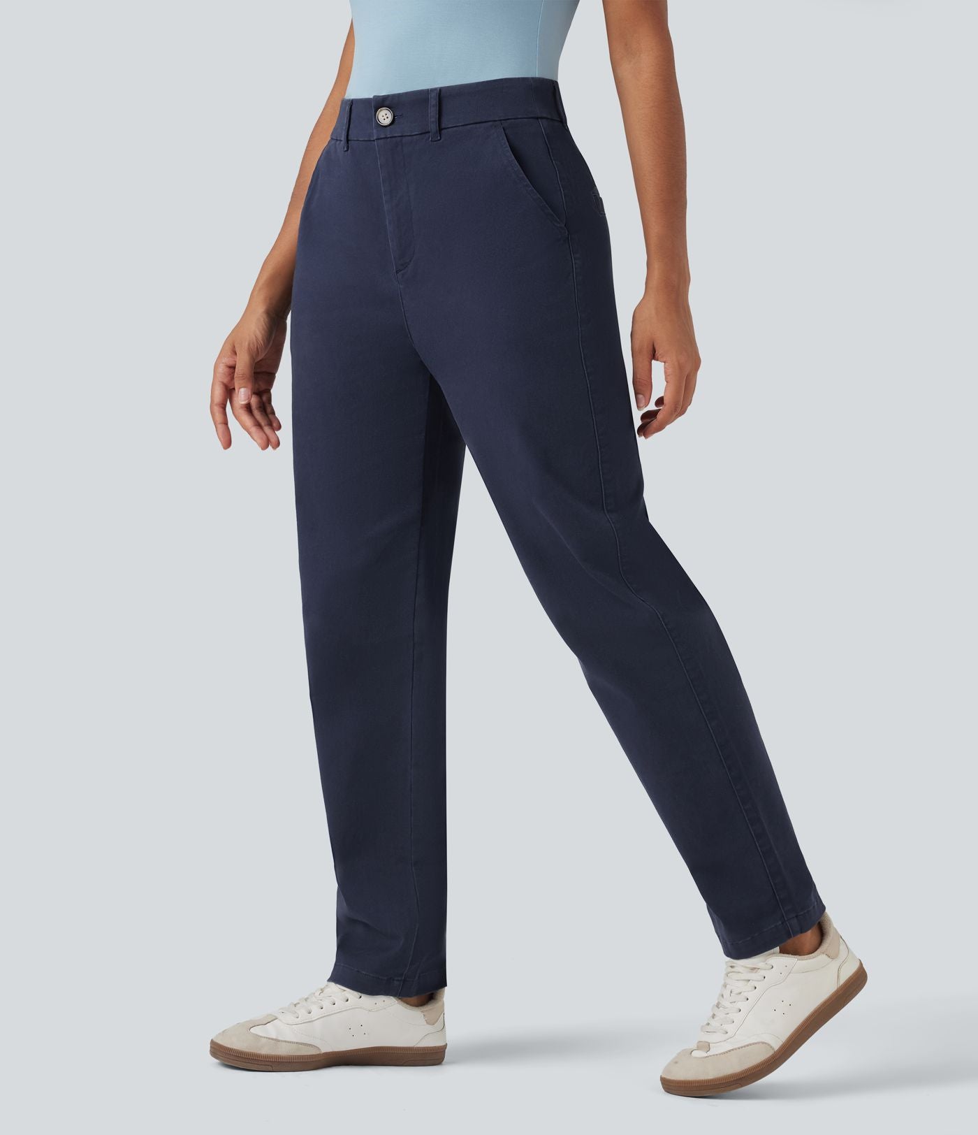 Pantalon coton fuselé taille mi-haute avec poches