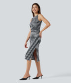 Robe midi moulante Halara UltraSculpt™ motif tartan, encolure bateau et sans manches