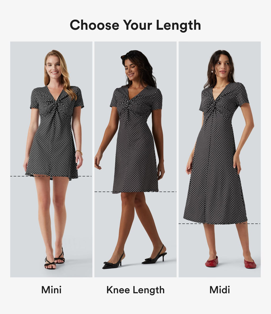 Robe midi décontractée à pois, col V, manches courtes