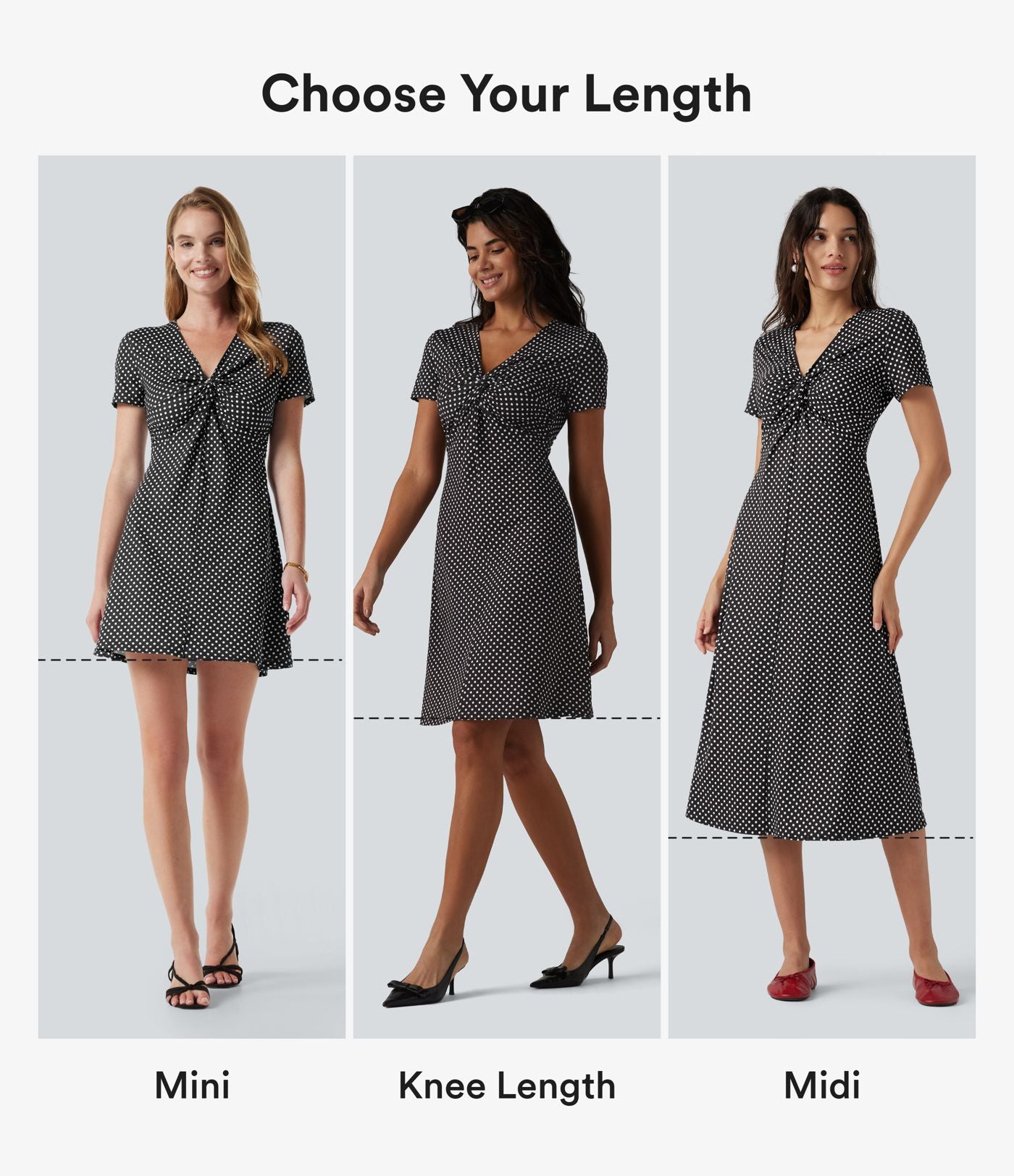 Robe midi décontractée à pois, col V, manches courtes