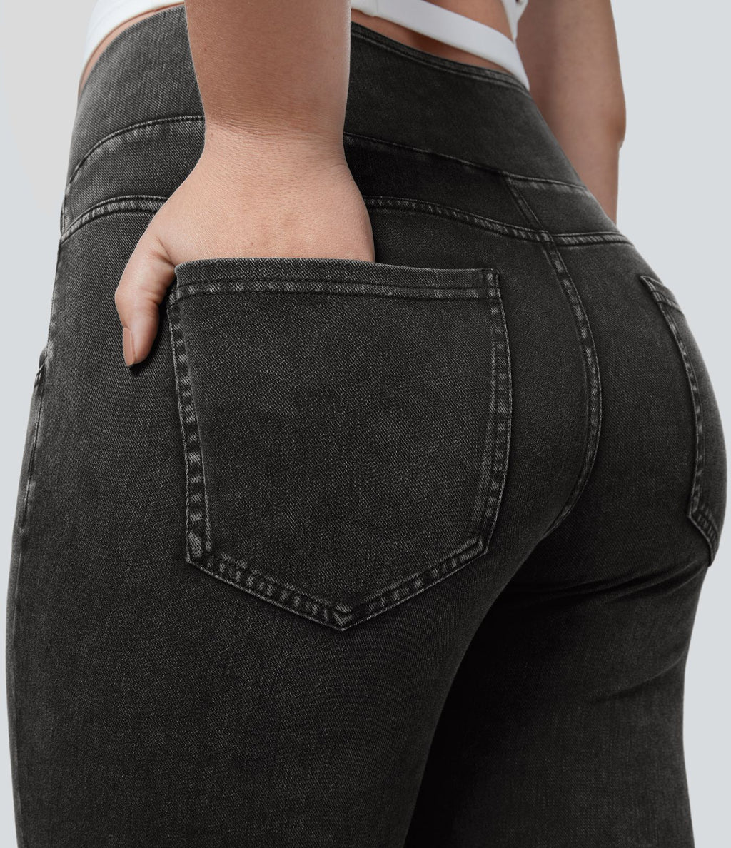 Halara Flex™ Legging Travail  7/8 Taille Croisée en Denim Tricot Extensible Taille Haute Poches Multiples Grande Taille