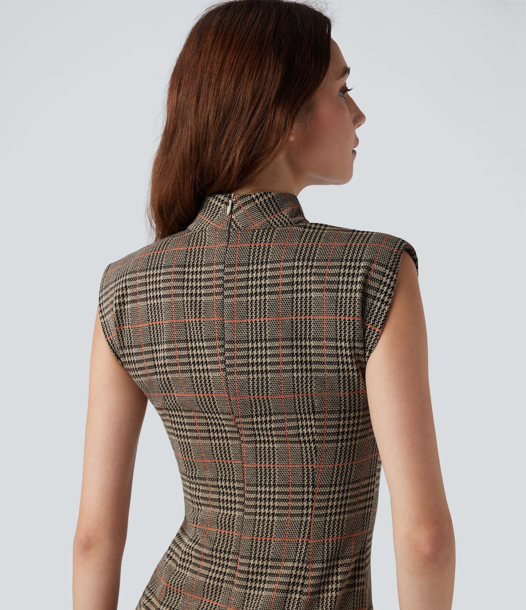 Robe de travail midi moulante sans manches col montant pied-de-poule à carreaux