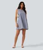 Robe débardeur mini décontractée col rond sans manches en vichy froissé avec poches