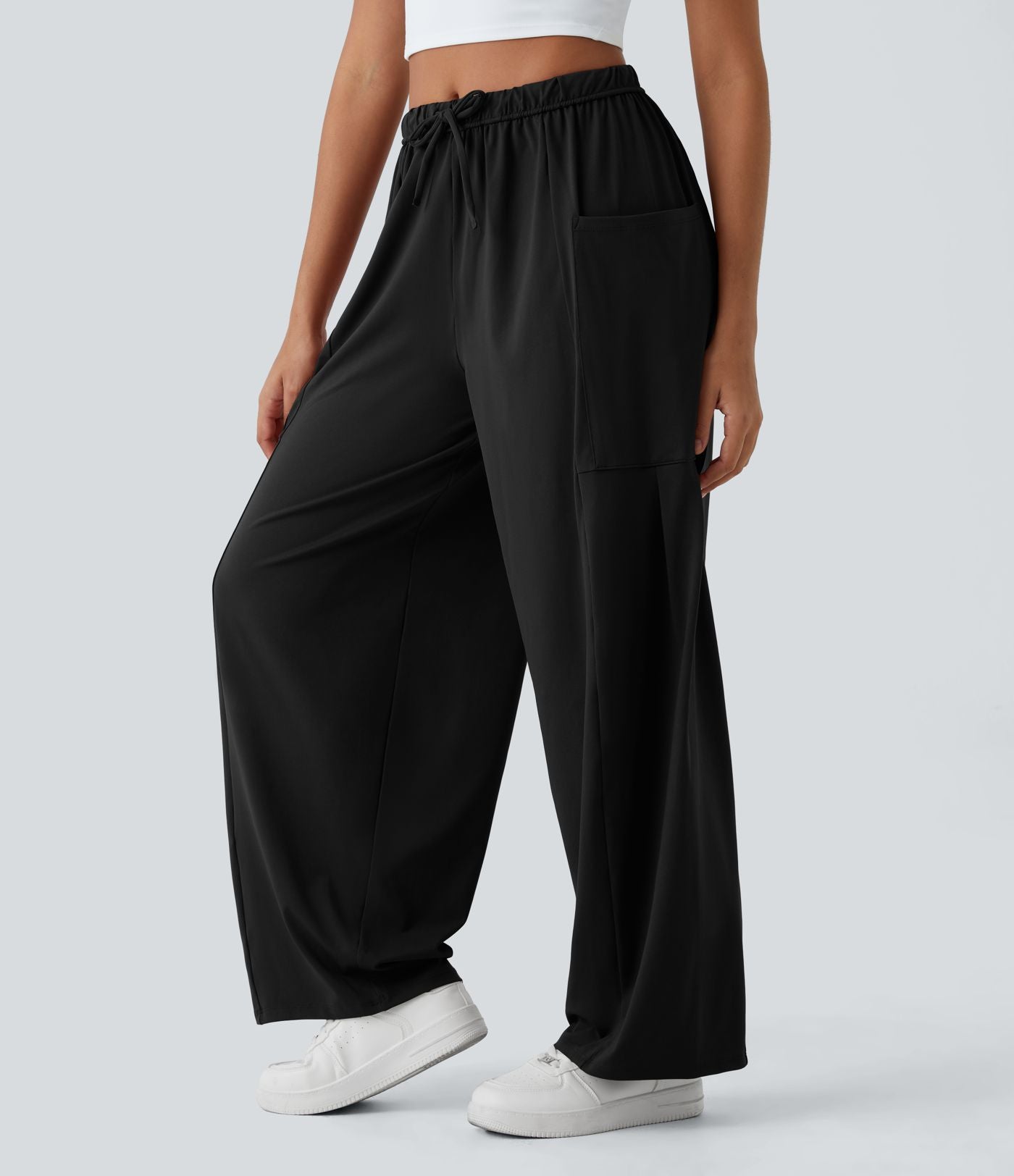 Pantalon Large Fluide Taille Mi-Haute Taille Élastique Cordon Poches Latérales Ourlet Flottant