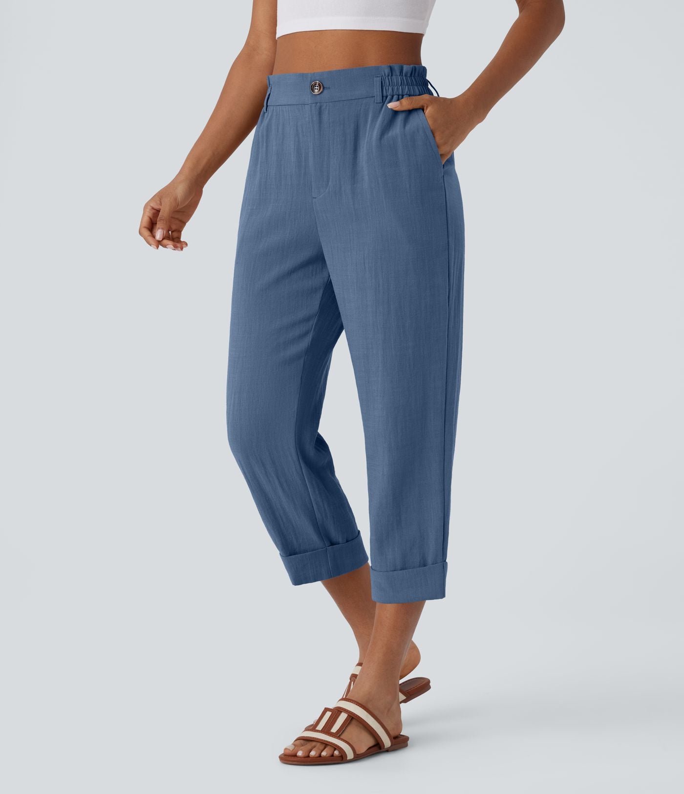 Pantalon capri effet lin taille haute avec poches zippées
