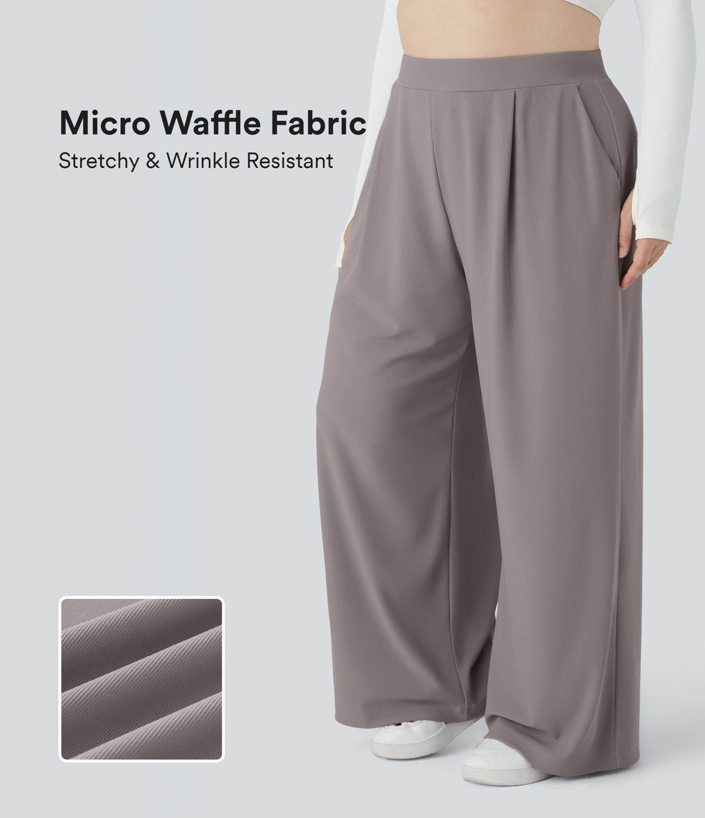 Pantalon de travail grande taille Halara Flex™ à taille haute sculptante et amincissante, poches latérales, jambes larges et tissu micro-gaufré