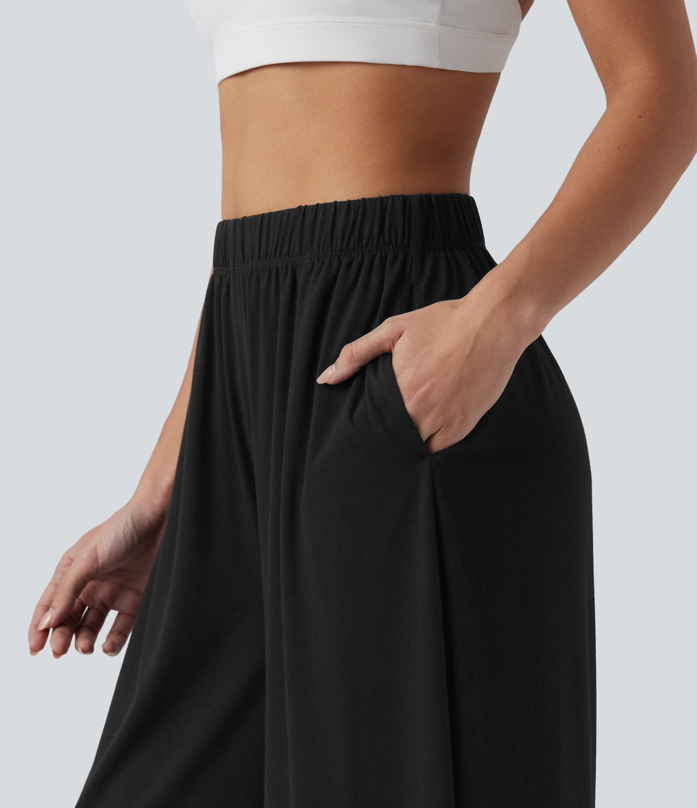 Pantalon large fluide resort taille haute avec poches