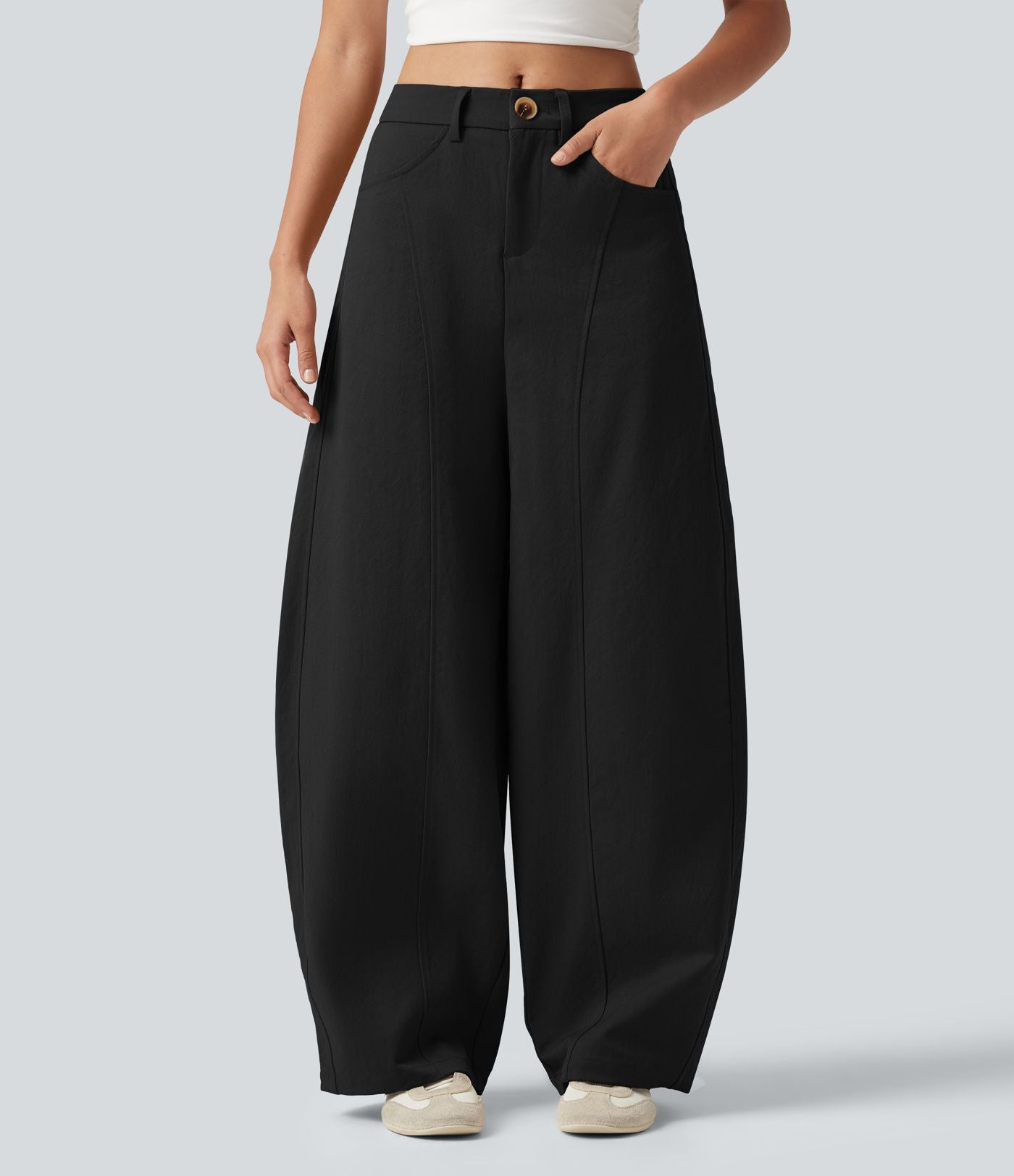 Pantalon casual taille mi-haute coupe barrel avec poches
