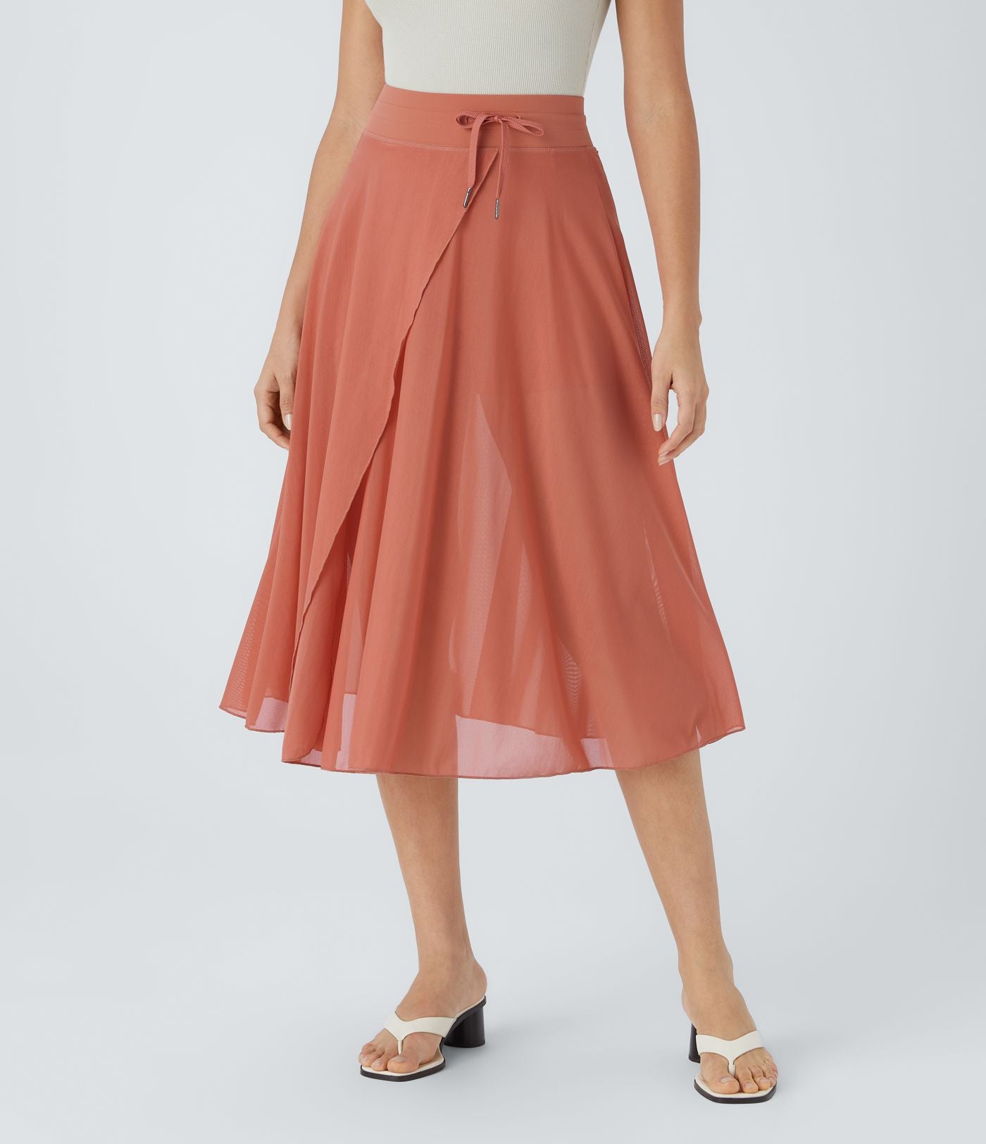 Jupe Casual Évasée Mesh Mi-Longue Fuide 2 en 1 Contrastée Taille Haute Cordon Poche Latérale