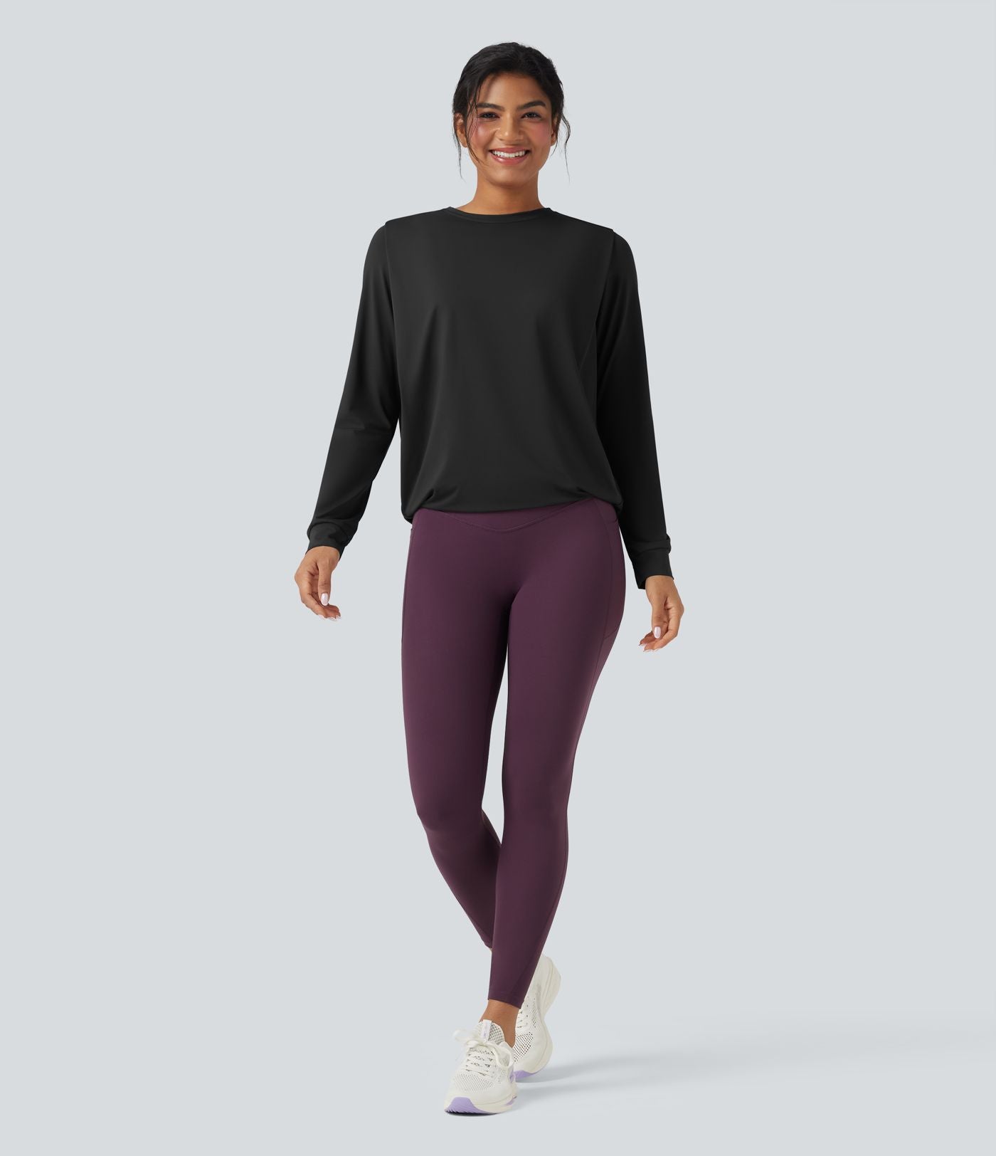Haut de sport yoga col rond manches longues froncé - UPF50+