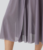 Jupe Casual Évasée Mesh Mi-Longue Fuide 2 en 1 Contrastée Taille Haute Cordon Poche Latérale