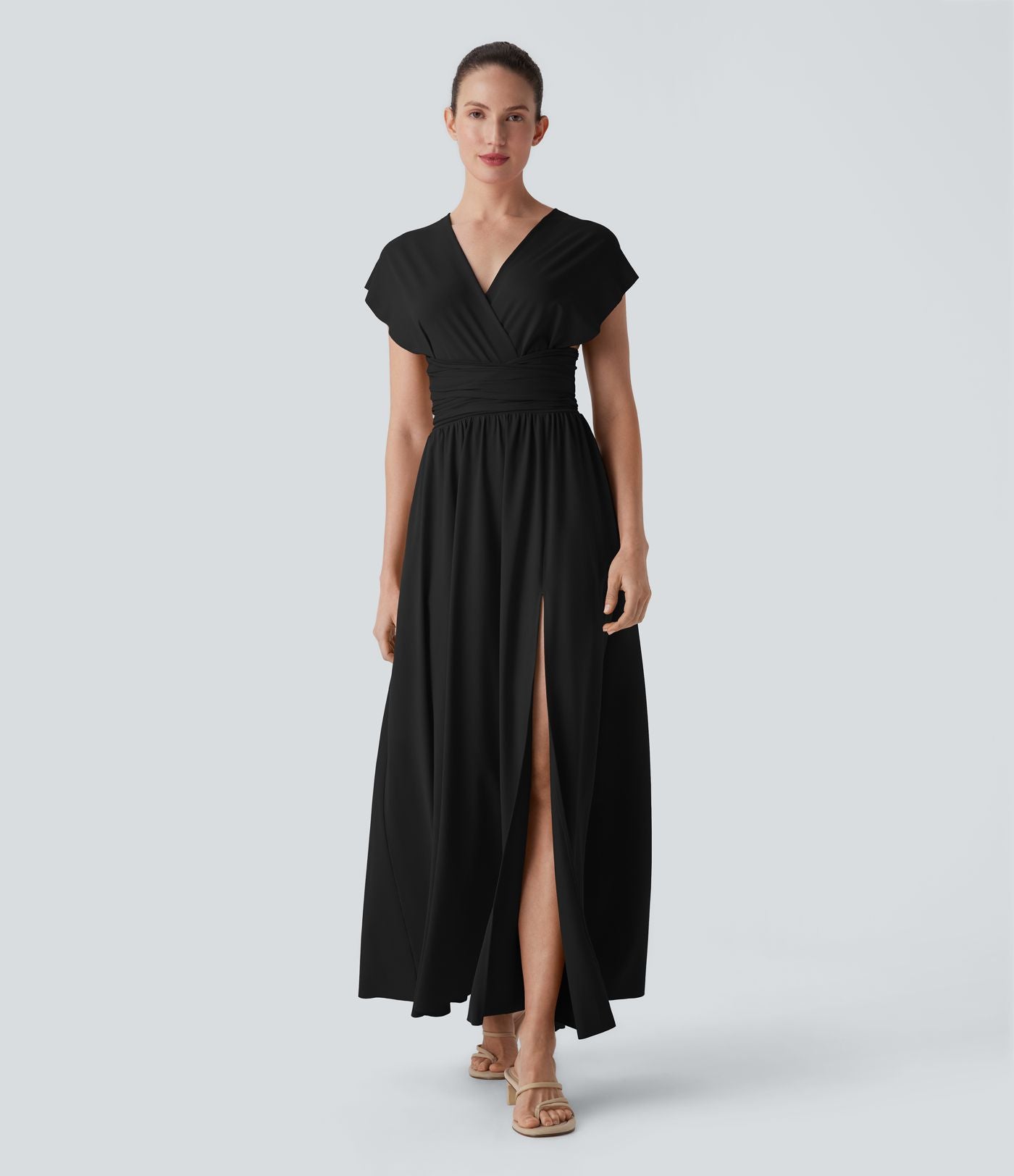 Robe longue de soirée col V, manches courtes, dos croisé à nouer, fendue avec poche latérale