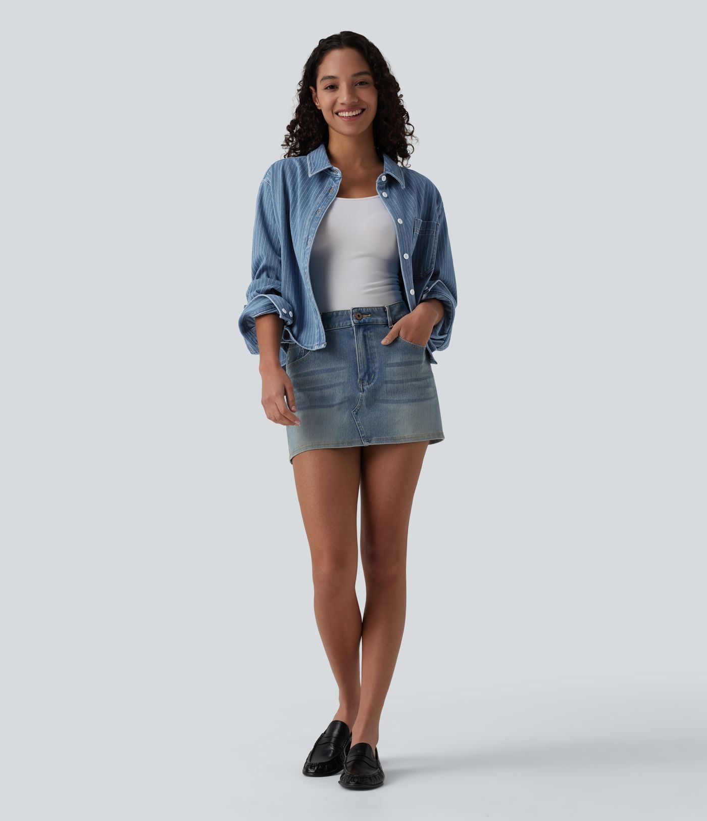 Halara Flex™ Chemise casual rayée en denim à manches longues avec poche