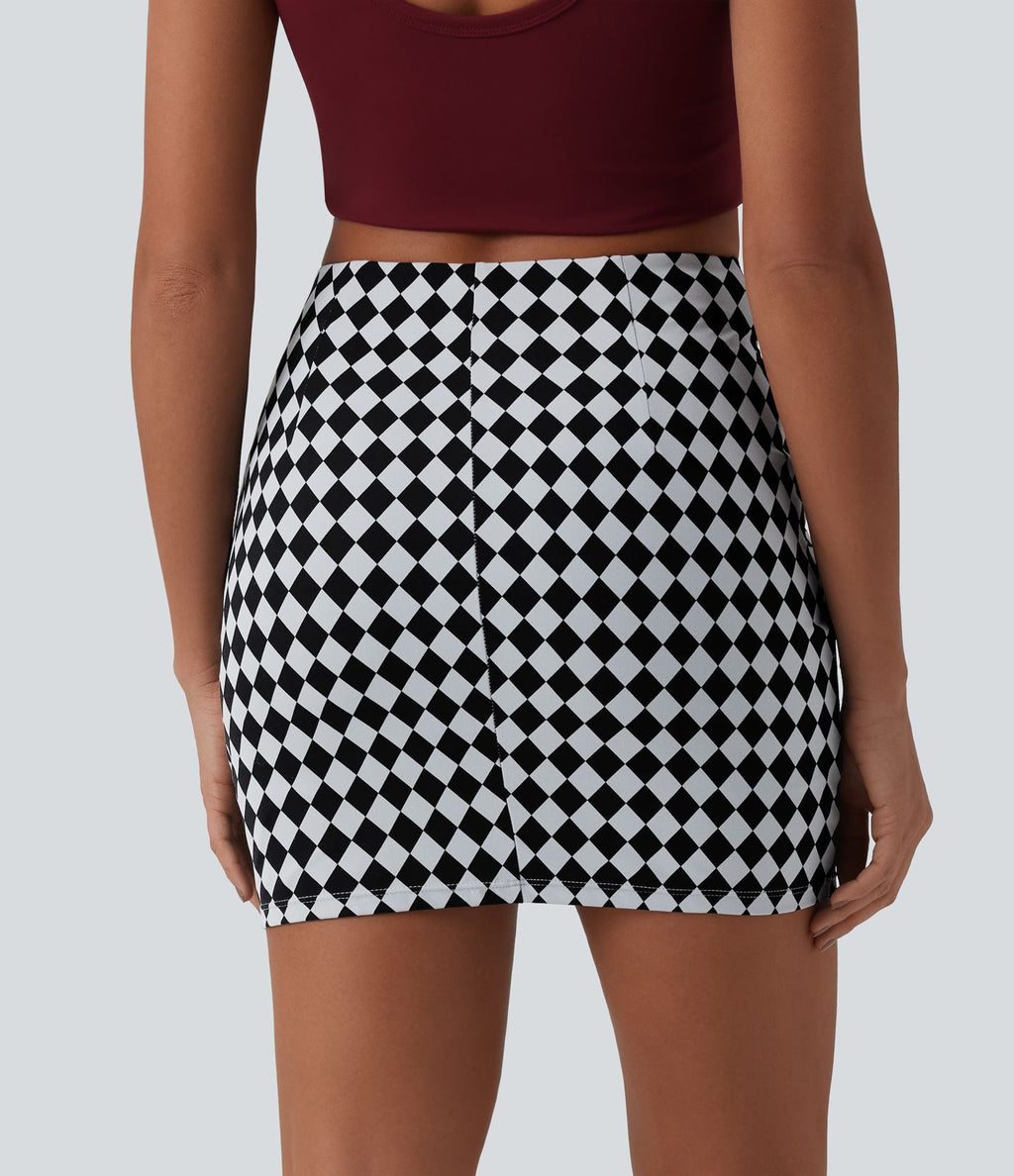 Jupe courte moulante casual 2-en-1 Halara UltraSculpt™ imprimé à carreaux taille haute avec ourlet croisé