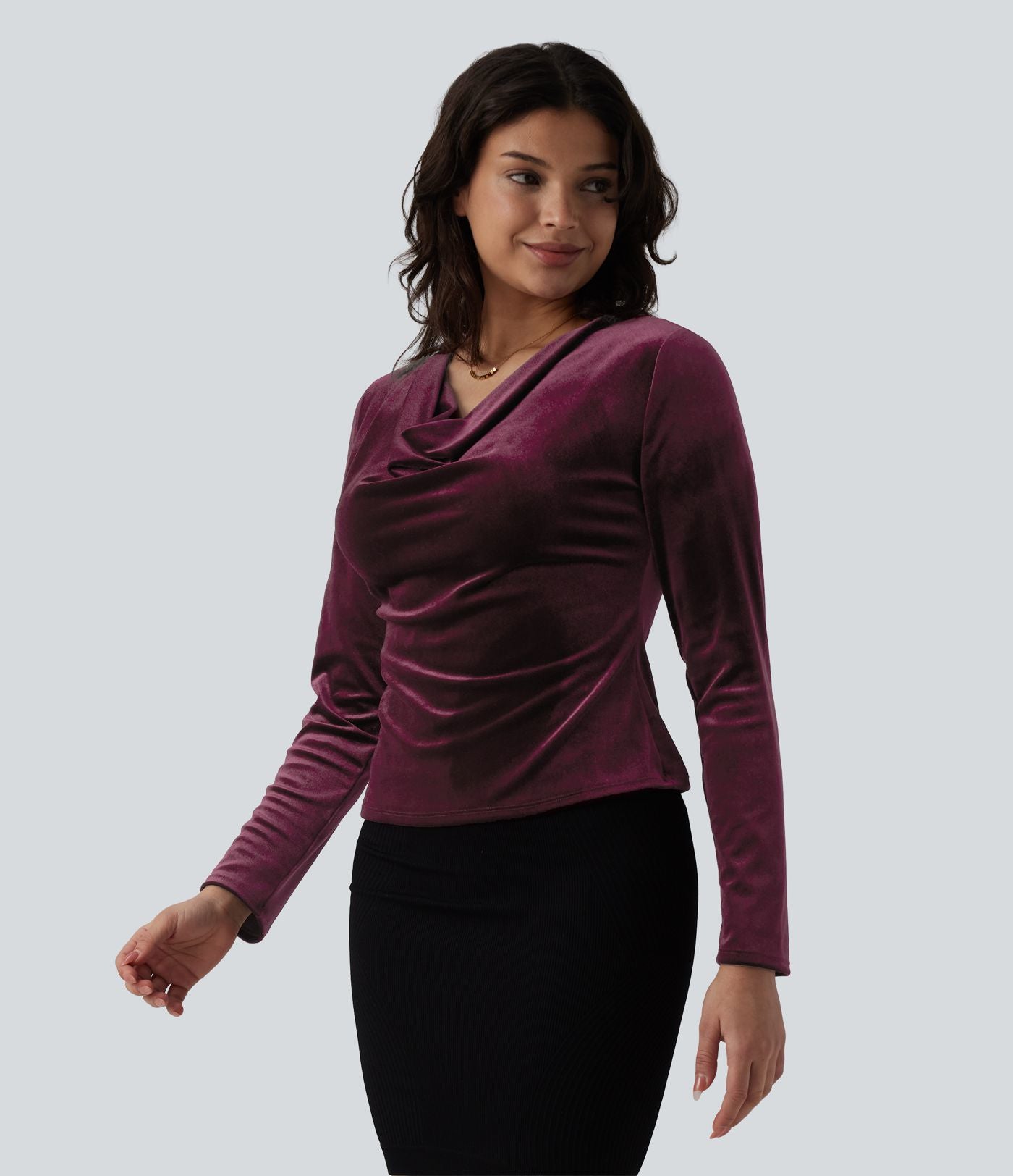 Top velours col drapé manches longues