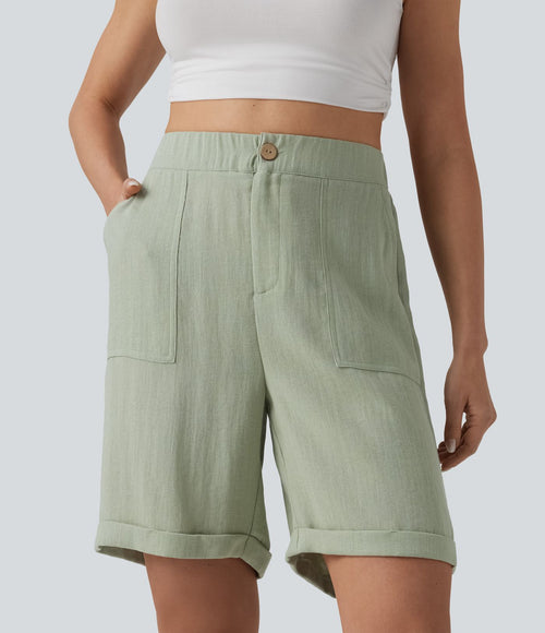 Bermuda casual taille haute aspect lin ourlet roulotté avec poches