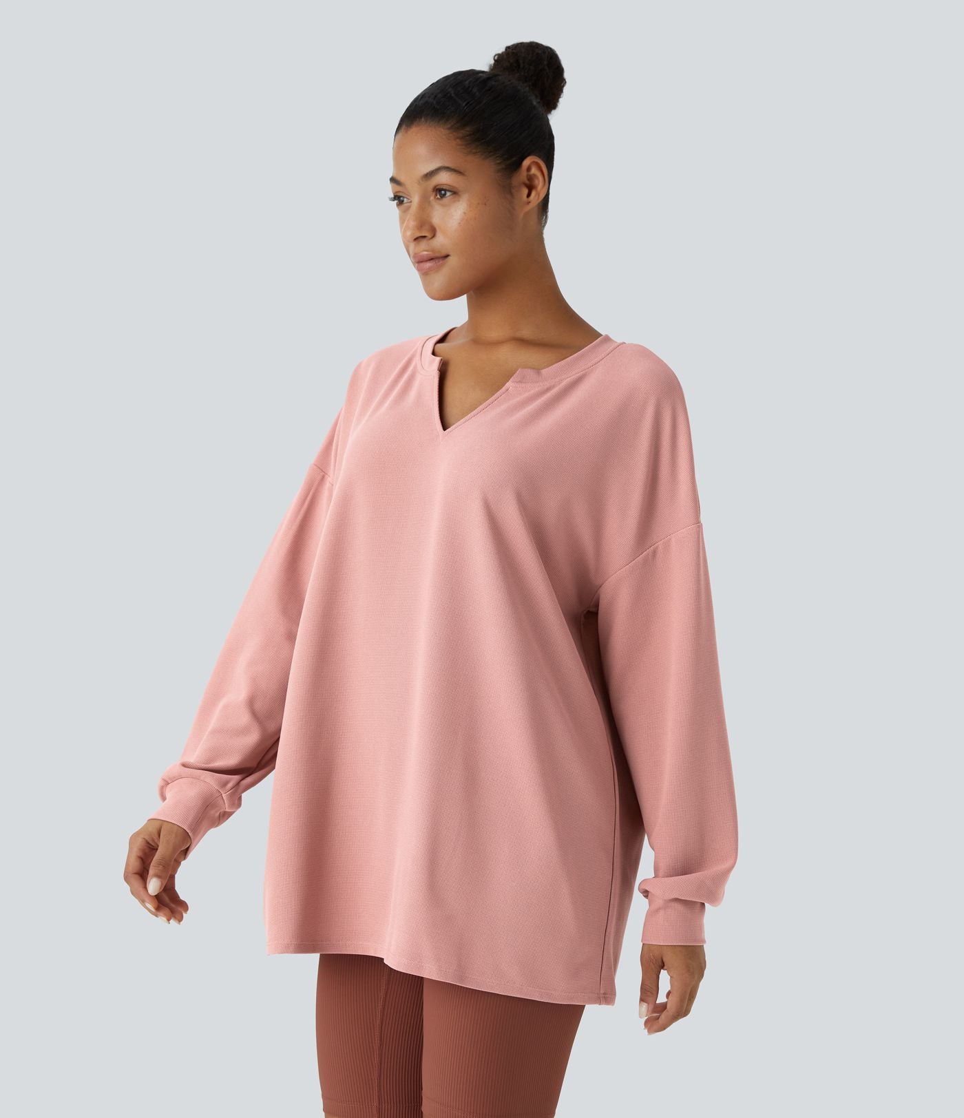 Sweat décontracté en tissu gaufré avec col en V et épaules tombantes