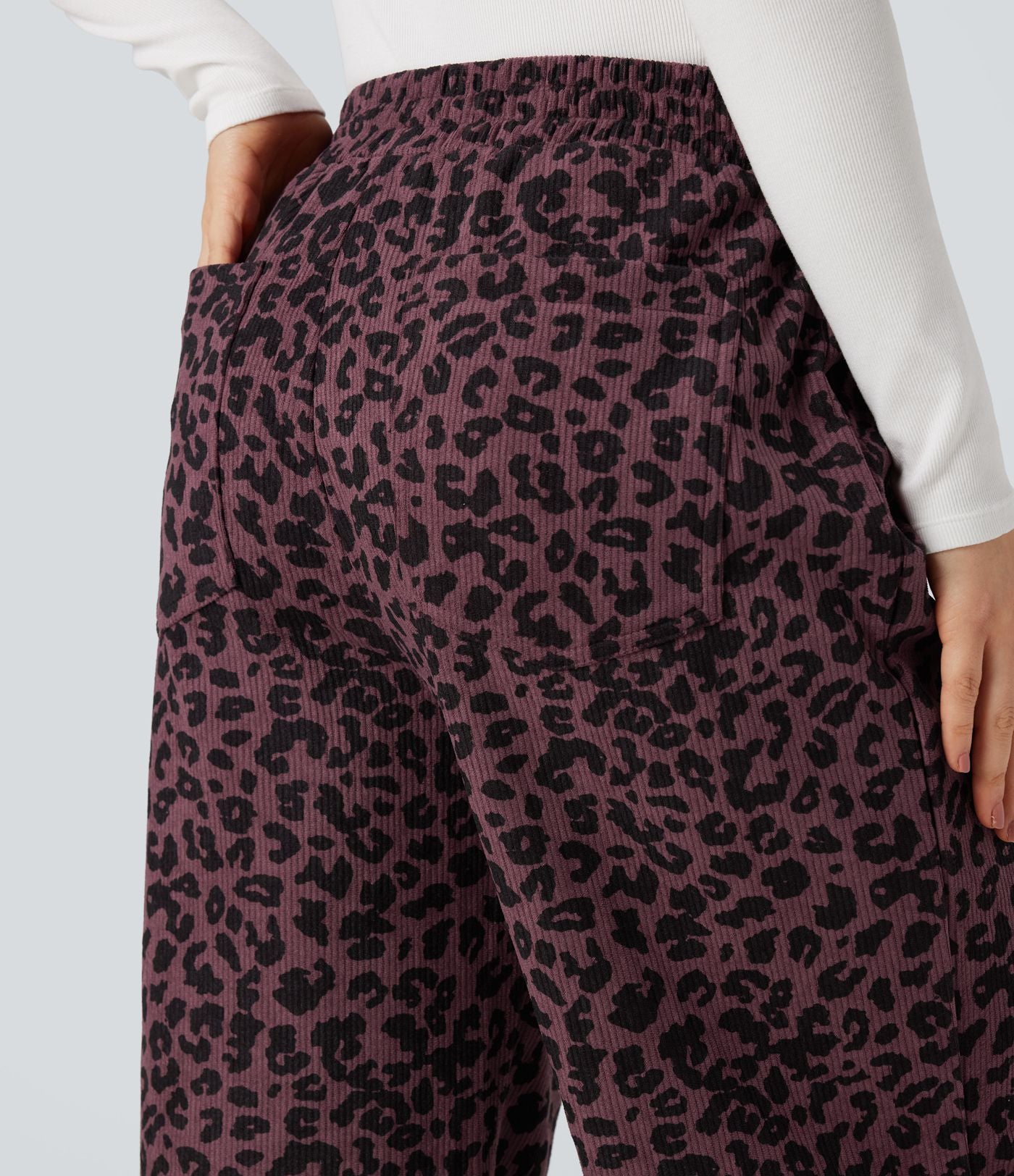 Pantalon léopard ample décontracté velours côtelé imprimé taille haute avec poches