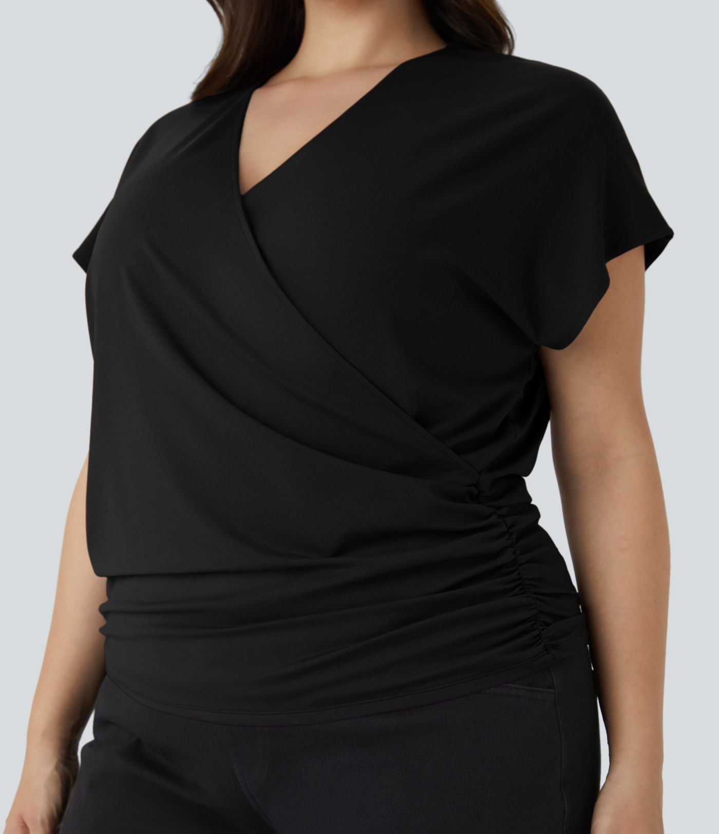 Blouse Travail Unie Froncée Croisée Manches Courtes Col en V Grande Taille