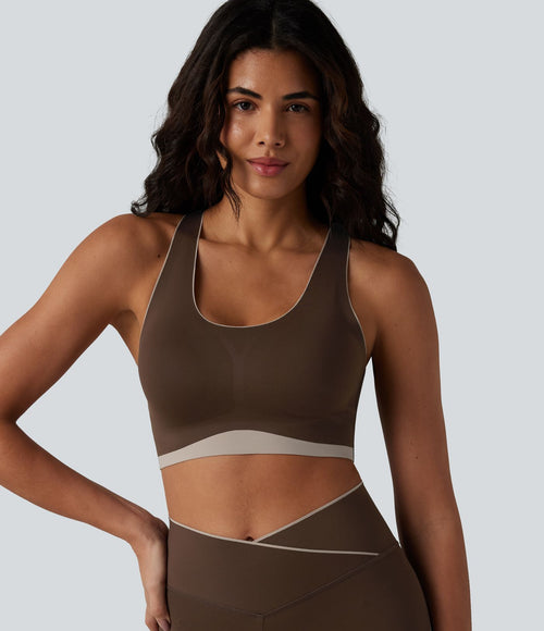 Brassière de sport maintien léger col U dos nageur color block avec soutien-gorge intégré