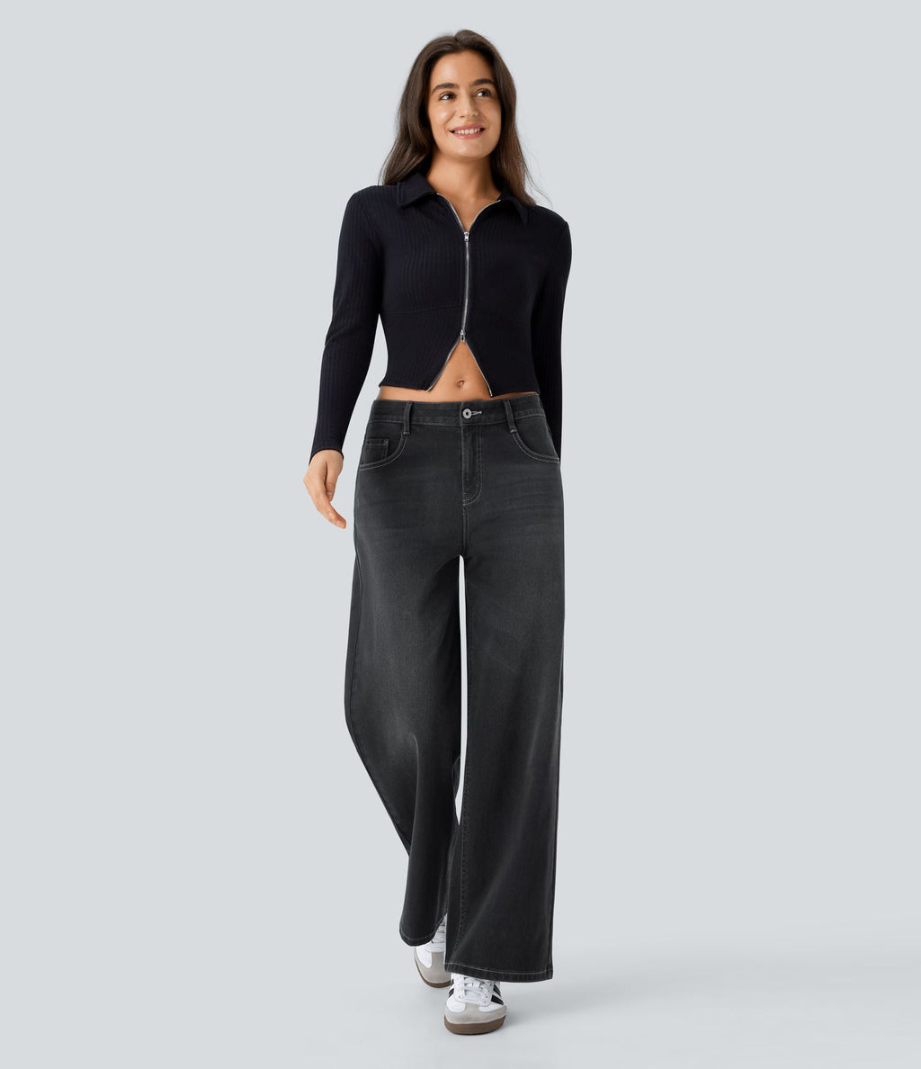 Halara Flex™ Jean Large Casual Taille Basse avec Boutons Zip Multiples Poches Lavés Élastiques et Tricotés
