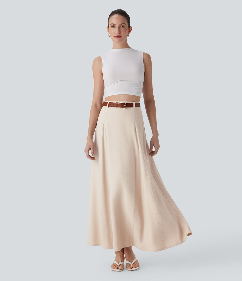 Jupe longue évasée à taille haute avec fermeture éclair invisible, aspect lin