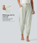 Pantalon jogging décontractée taille mi-haute en coton et lin avec poches
