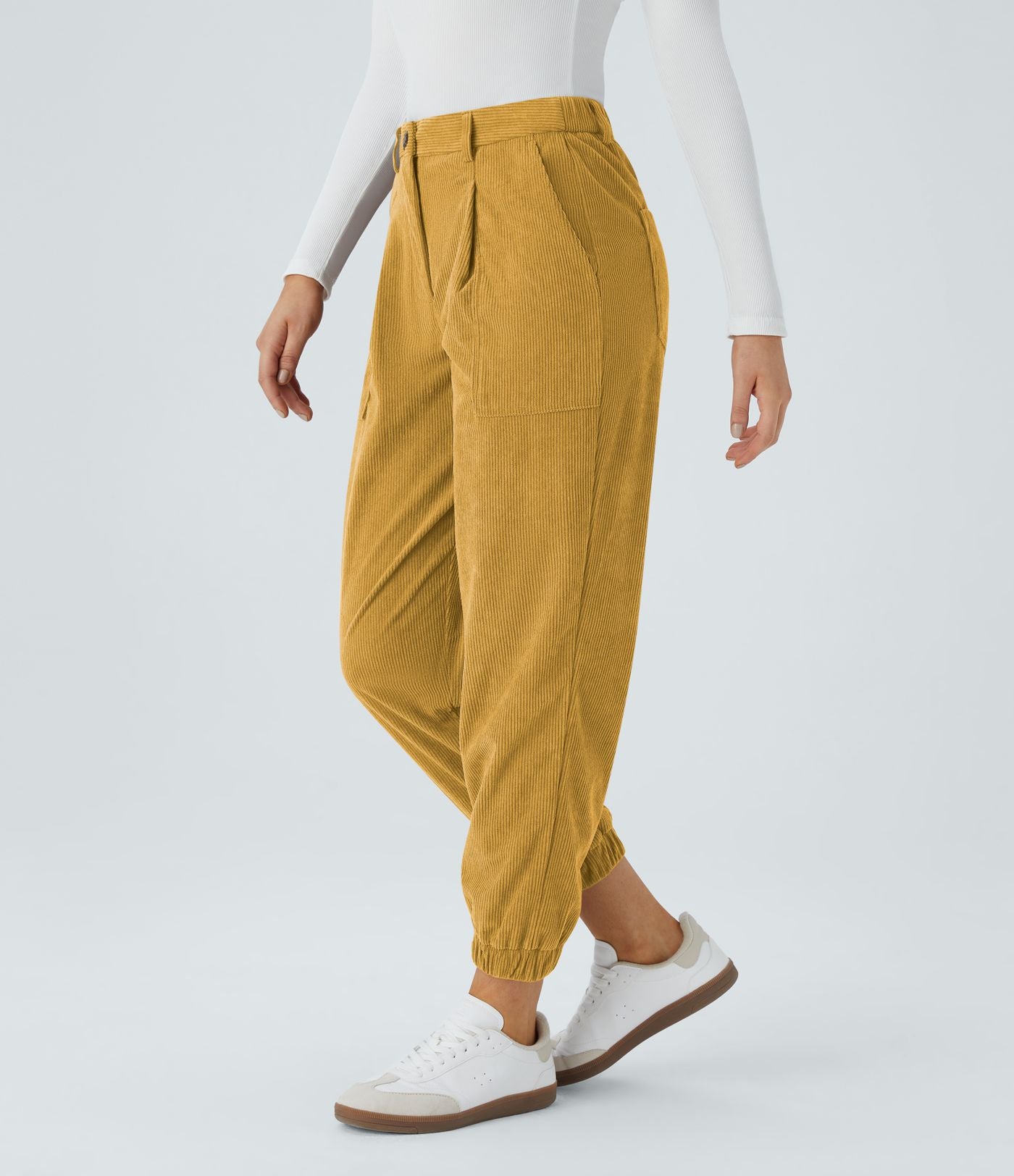Pantalon décontracté en velours côtelé avec taille mi-haute, boutons et fermeture éclair