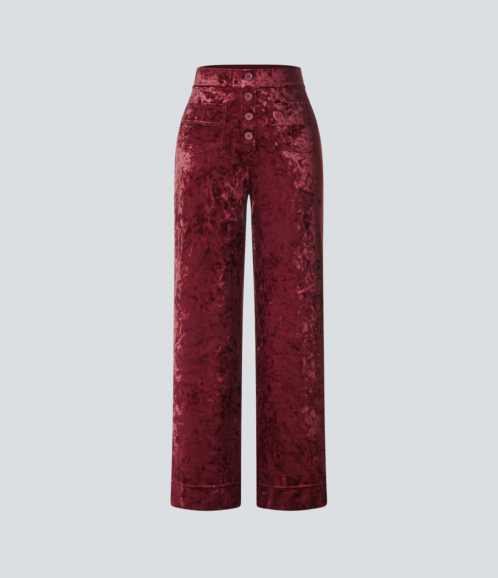 Pantalon Casual en Velours Taille Haute avec Bouton Multipoches Droites