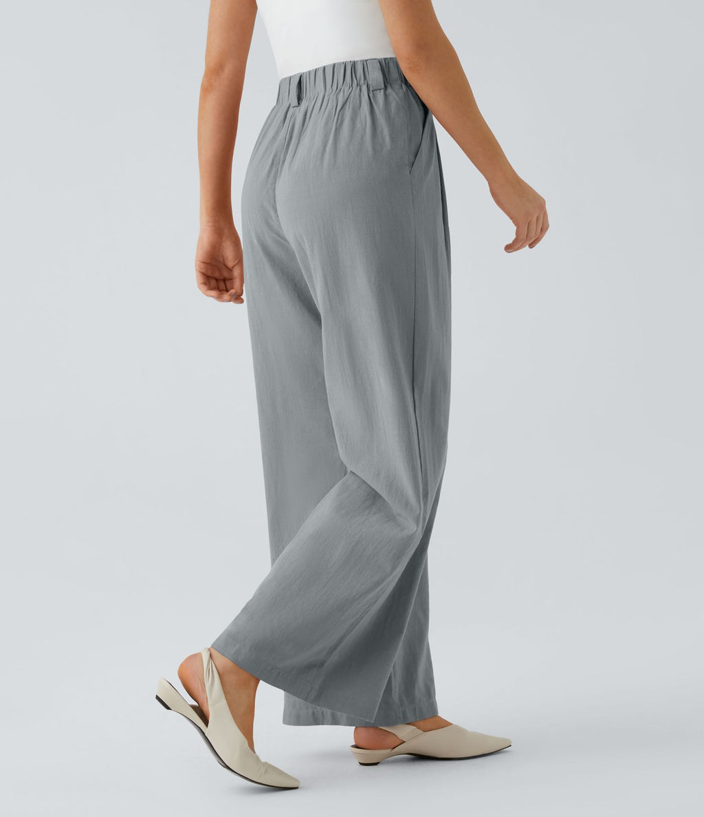 Pantalon Fluide Large Taille Haute Poches Latérales Palazzo Solide Casual Linen-Feel